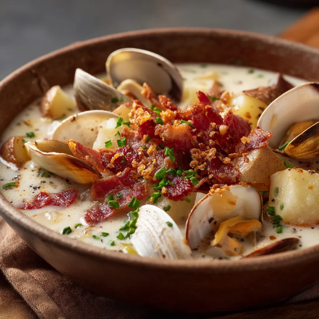 A bowl of clam chowder with bacon and potatoes.