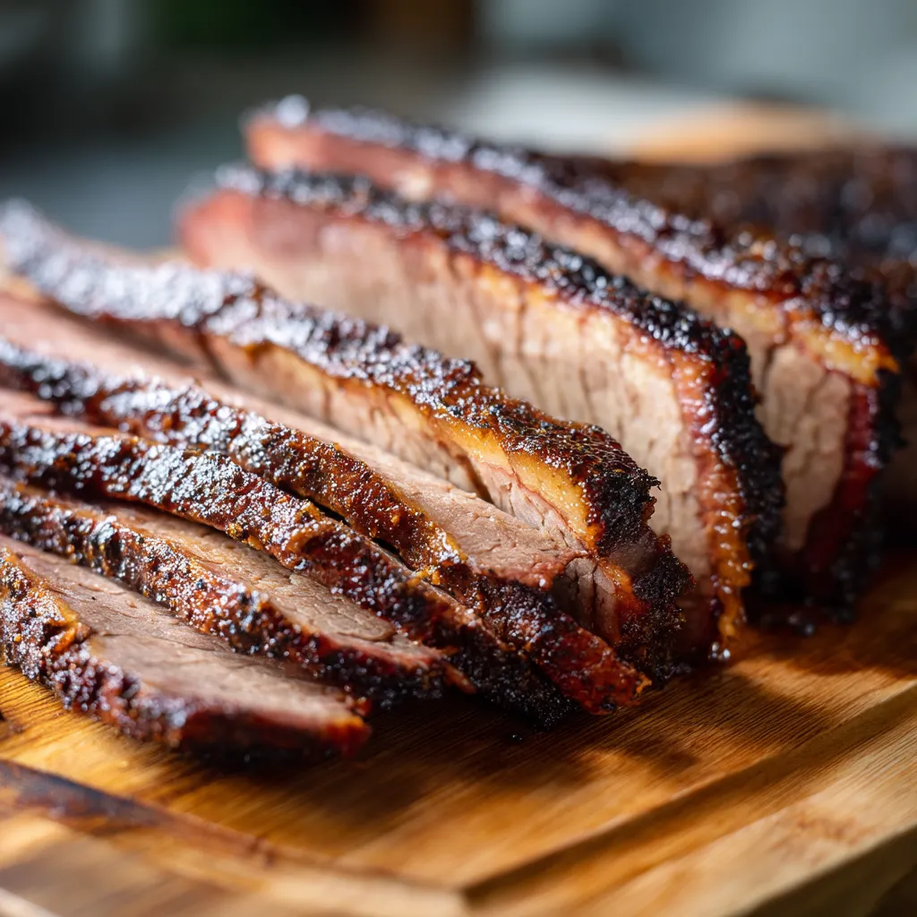 A large piece of slow-smoked beef brisket.