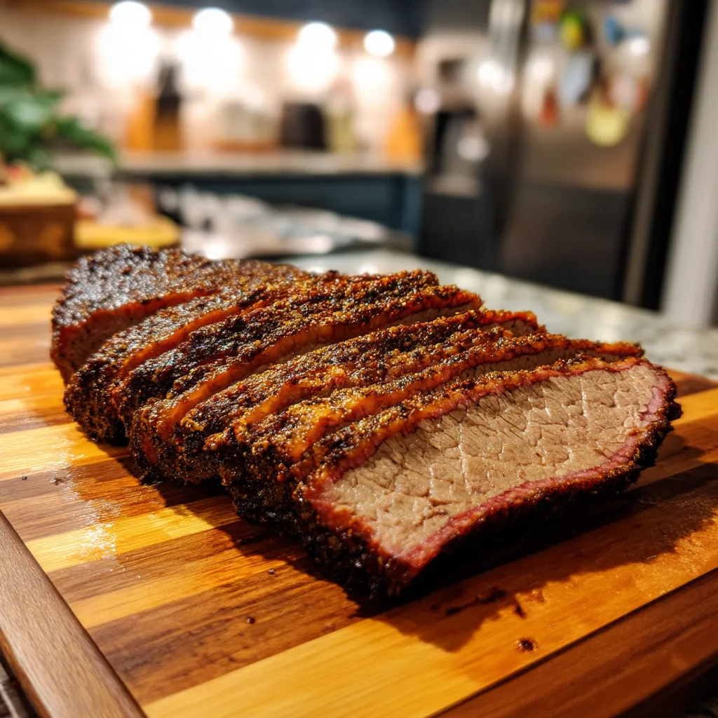 A large piece of slow-smoked beef brisket.