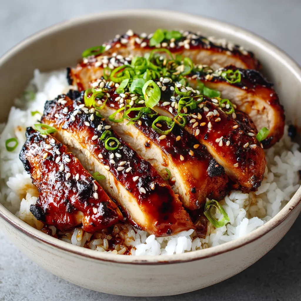 A bowl of grilled teriyaki chicken with rice.