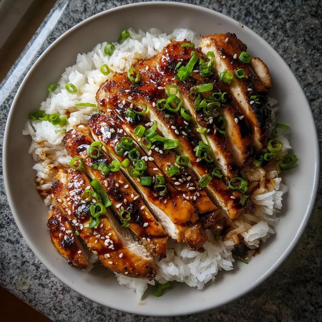 A plate of grilled teriyaki chicken with rice.