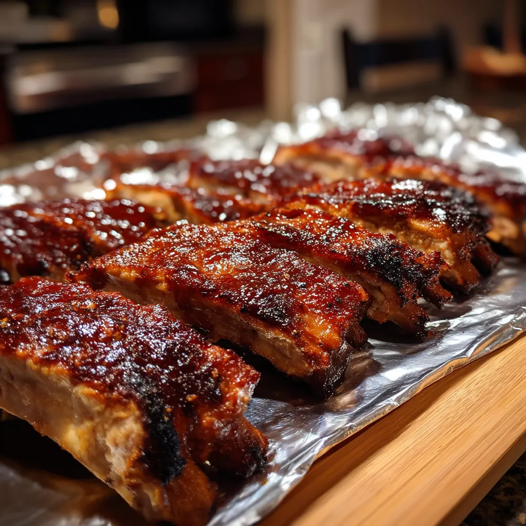 A tray of ribs on a table.