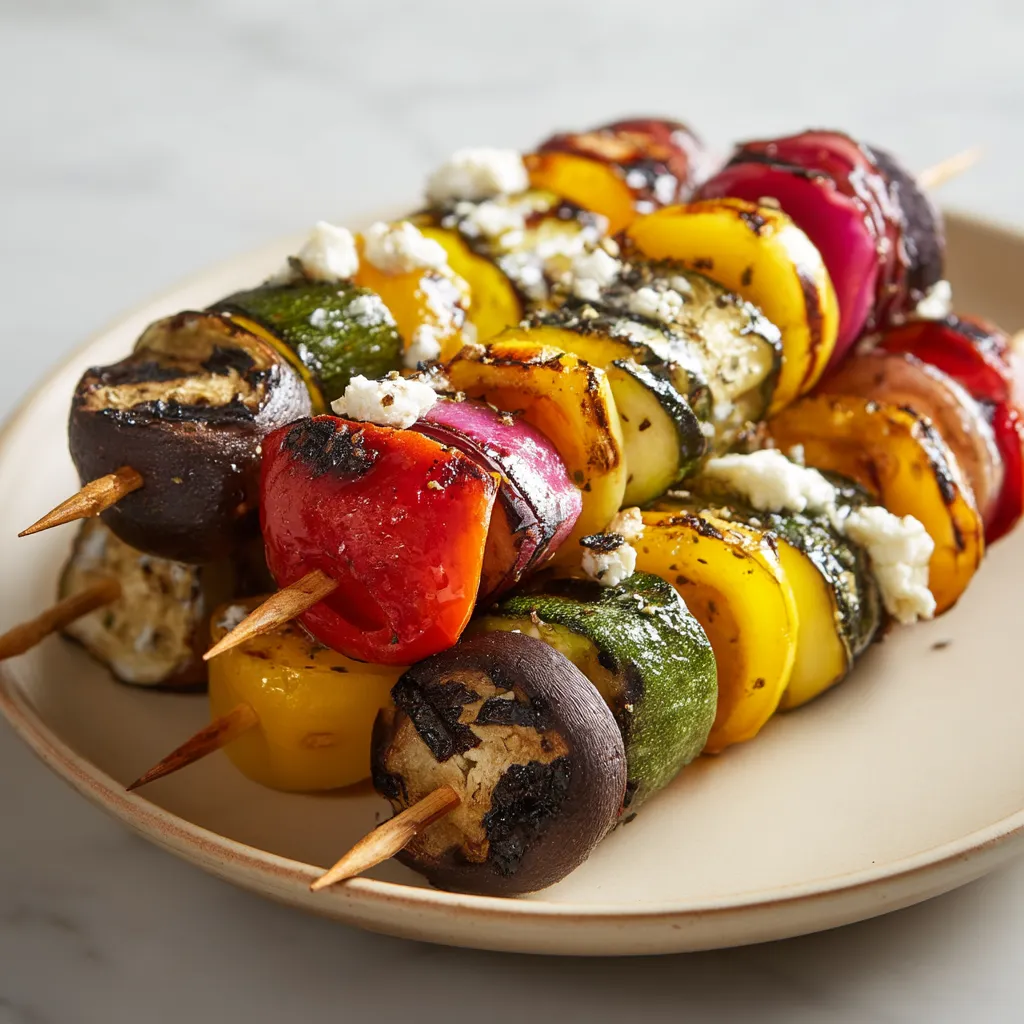 Grilled veggie kabobs on a plate.