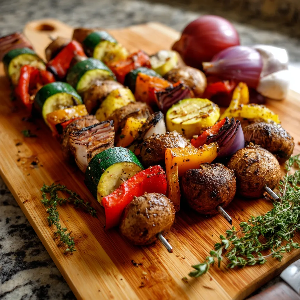 Grilled Veggie Kabobs on a wooden board.