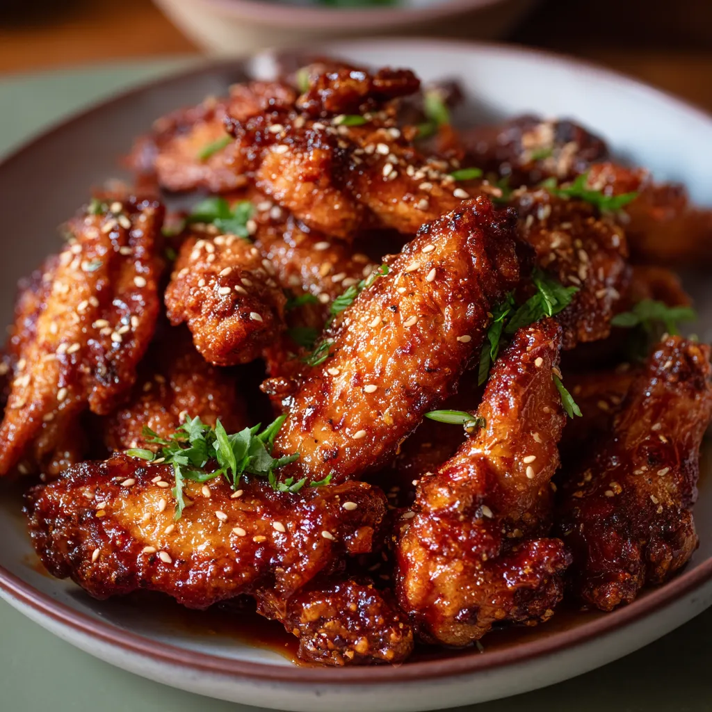 A plate of sweet and spicy chicken wings.