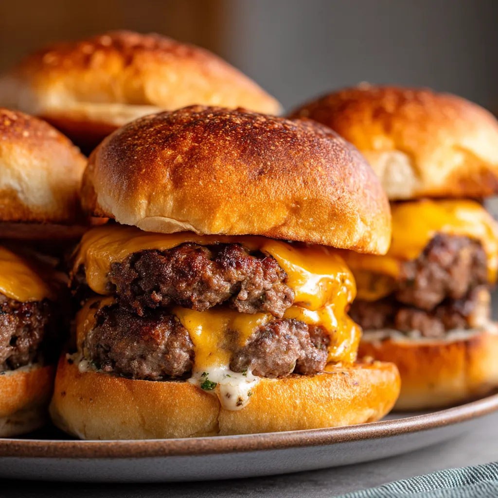 Four juicy grilled burgers on a plate.