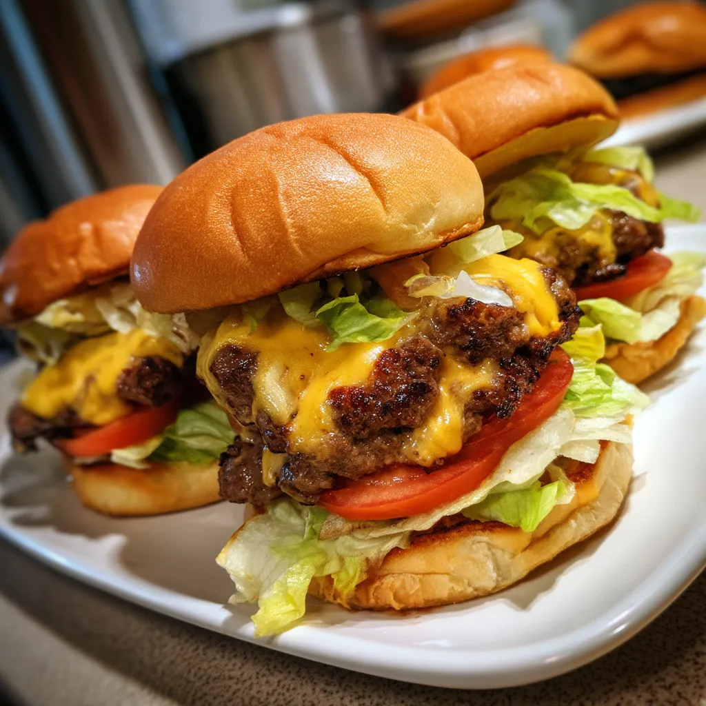 Two juicy grilled burgers on a plate.