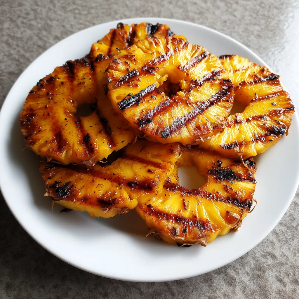 Grilled pineapple slices on a white plate.