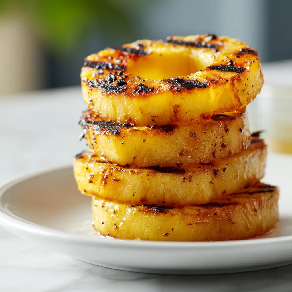 Grilled pineapple slices on a white plate.