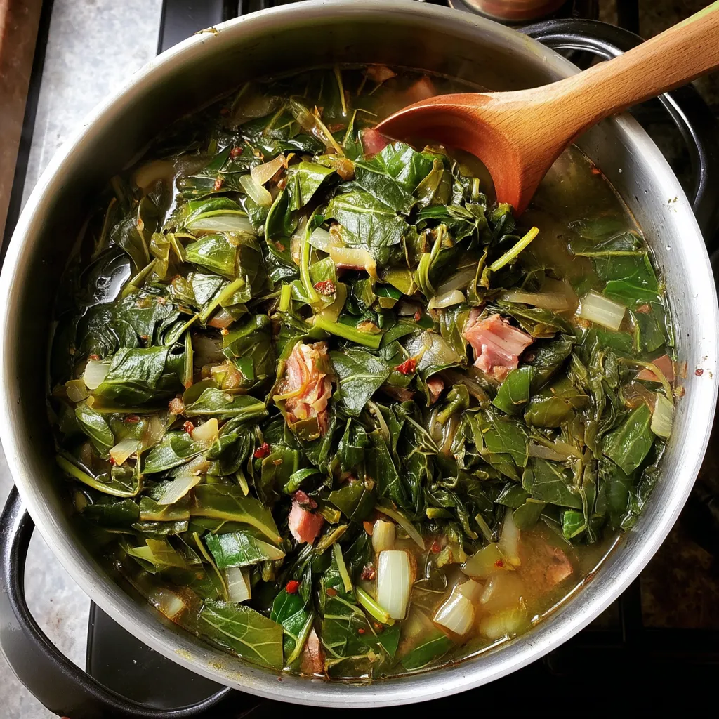 A pot of collard greens on the stove.