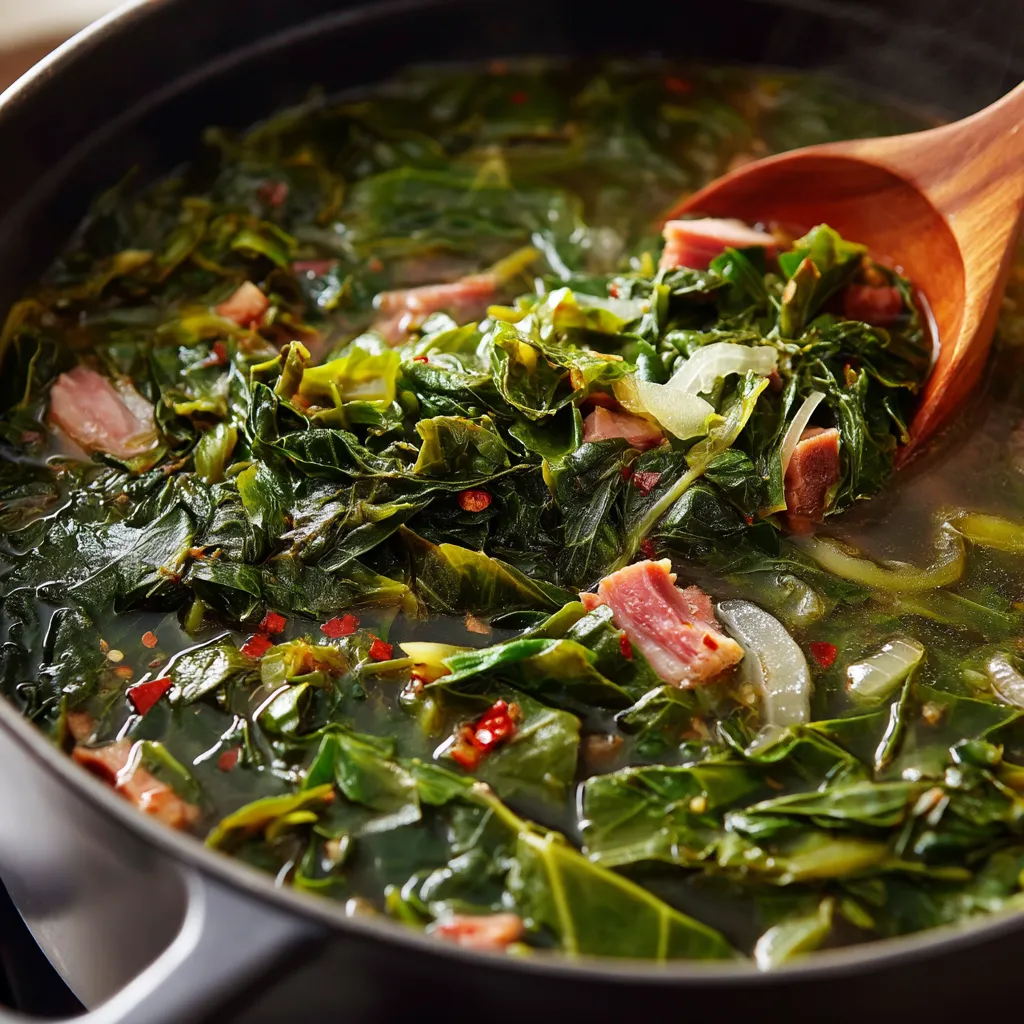 A wooden spoon is in a pot of greens.