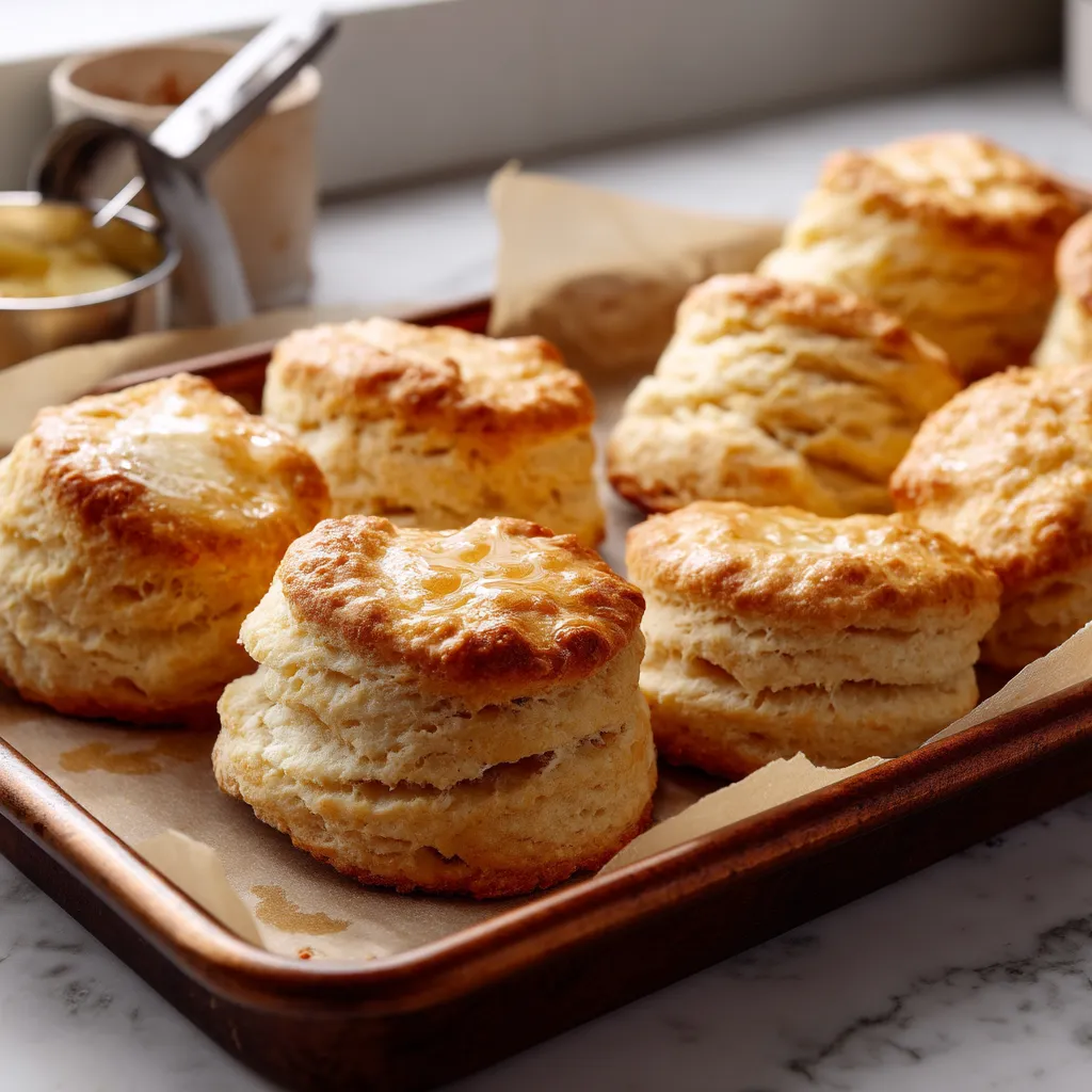 A tray of homemade buttermilk biscuits.