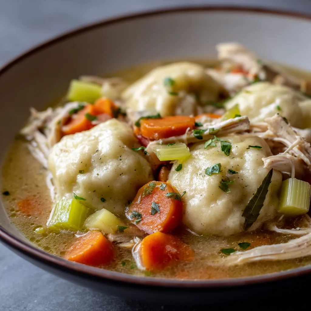 A bowl of chicken and dumplings.