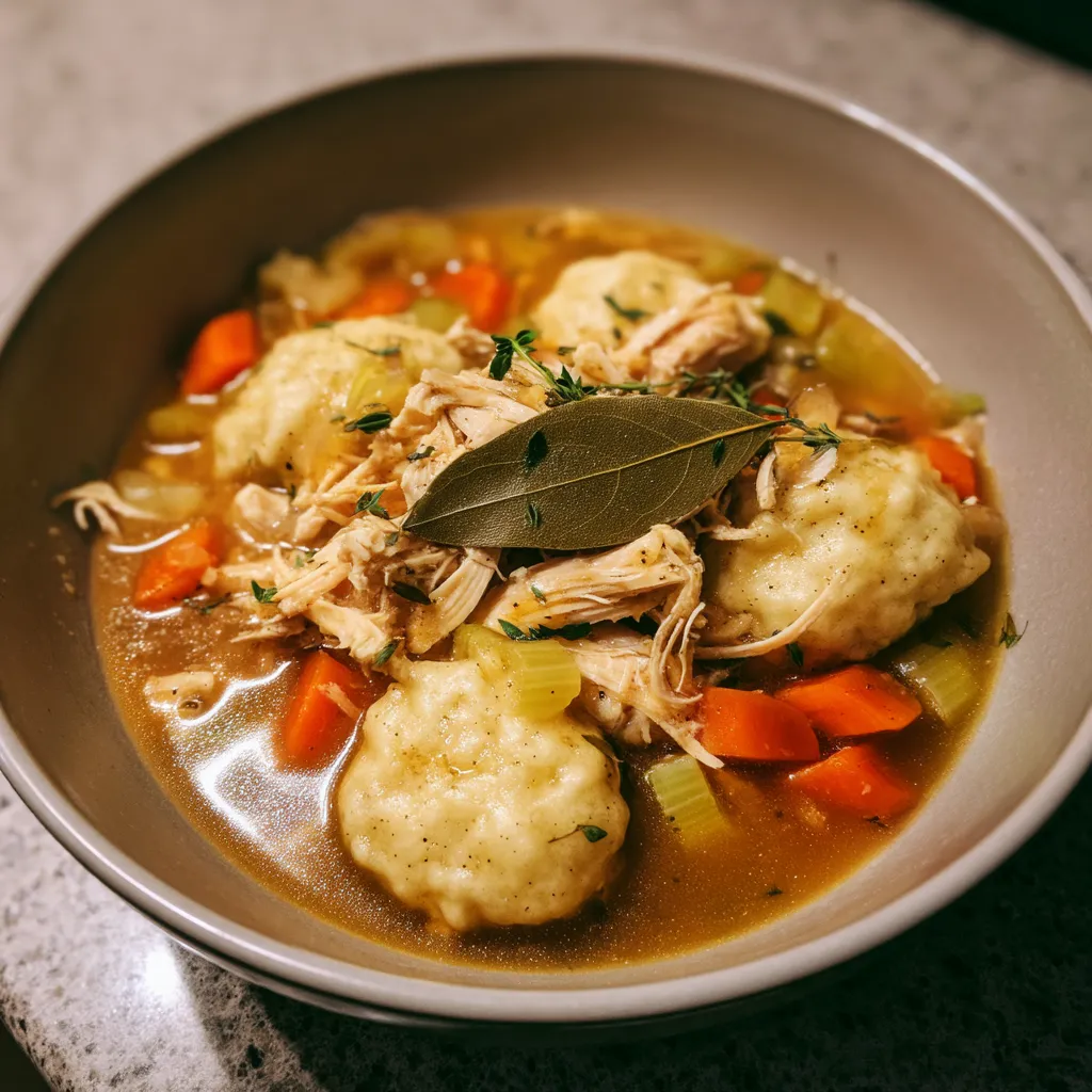 A bowl of chicken and dumplings.