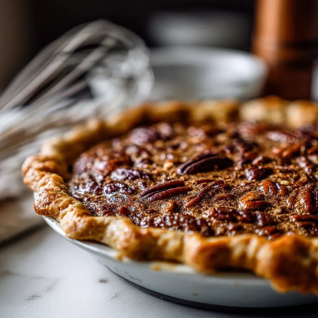 A pecan pie in a white bowl.