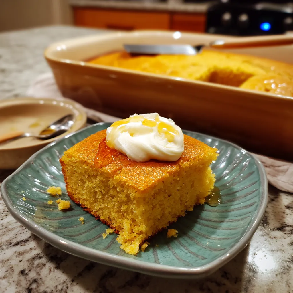A slice of cornbread with honey butter on a plate.