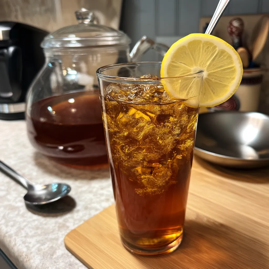 A glass of Southern Sweet Tea with a lemon wedge.