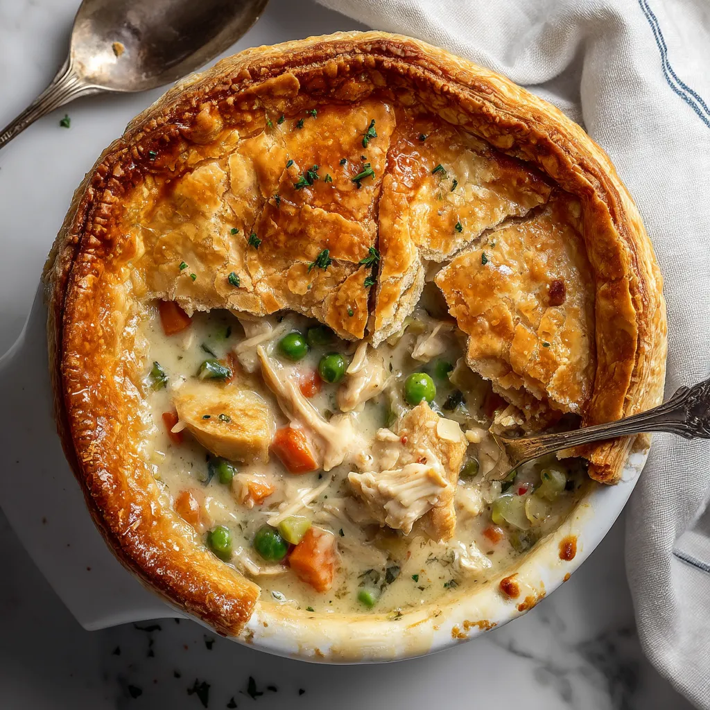 A creamy chicken pot pie with a spoon in it.