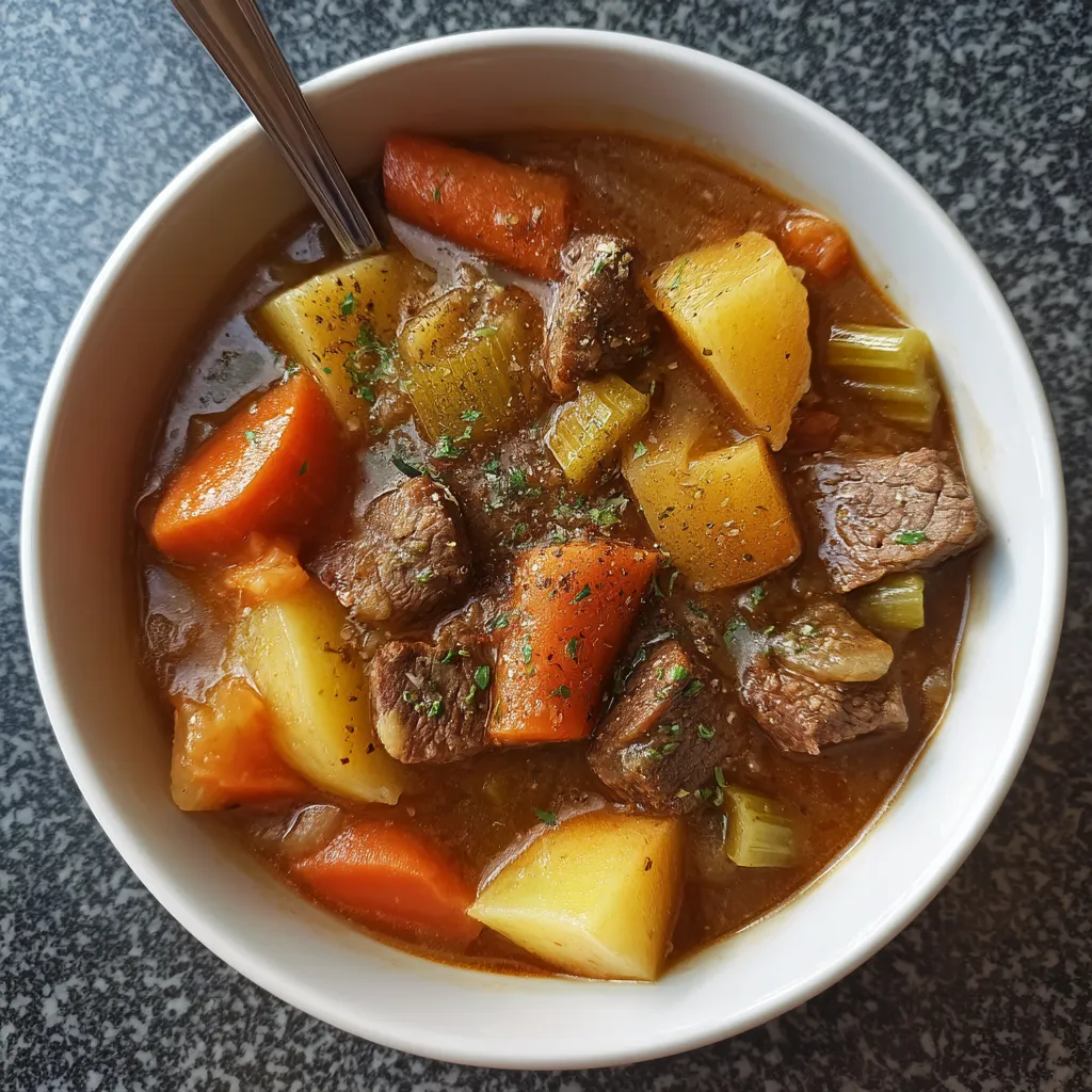 A bowl of slow cooker beef stew.