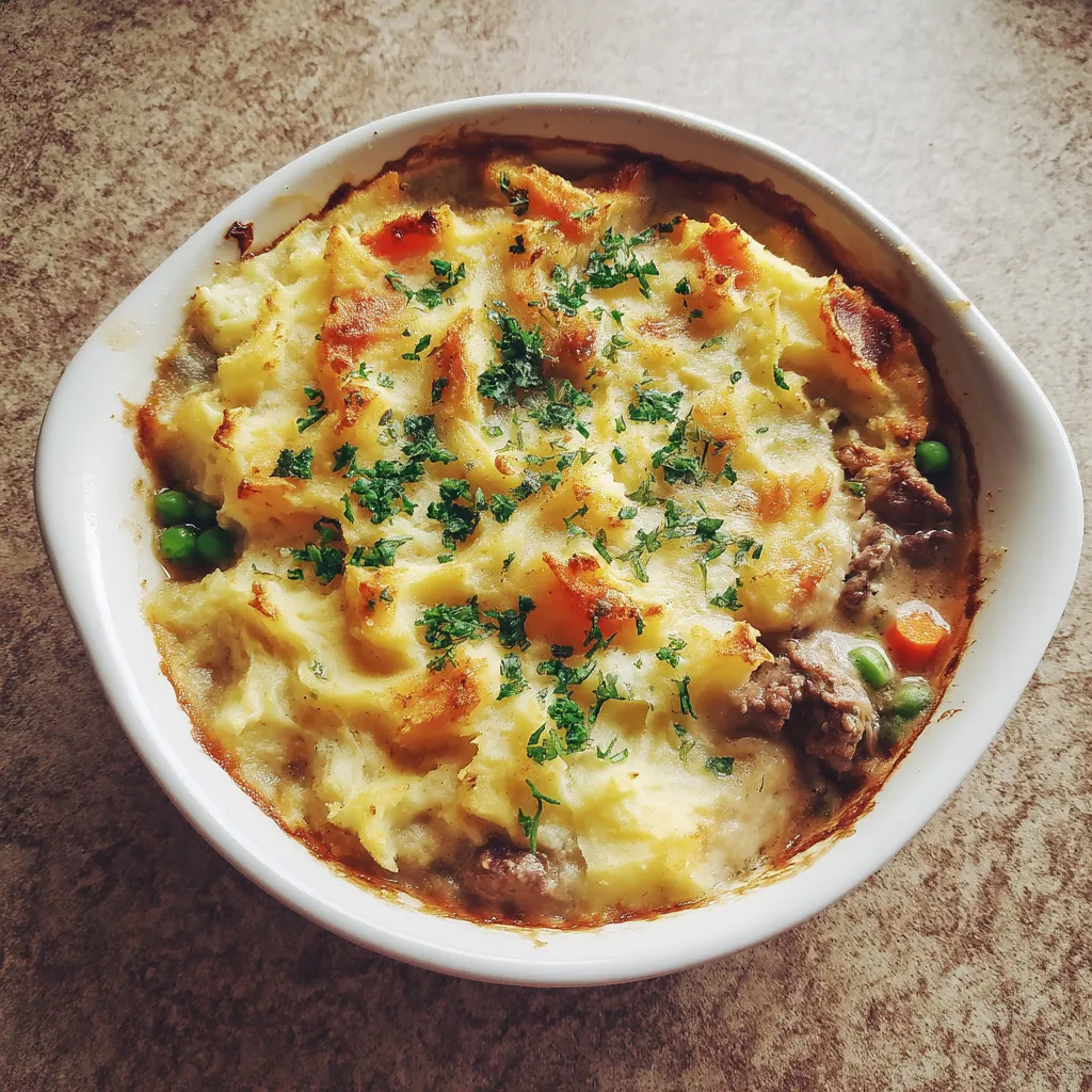 A white bowl filled with a delicious looking shepherd's pie.