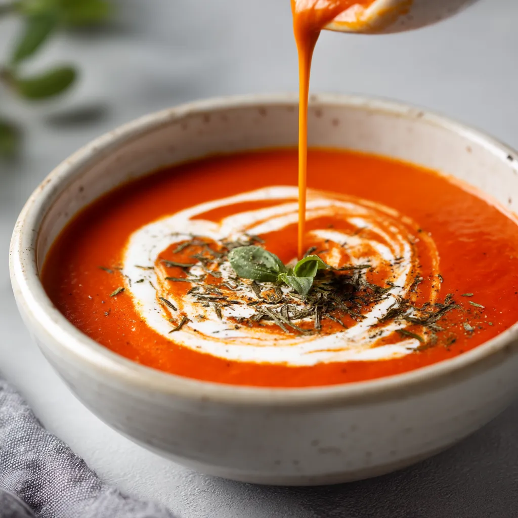 A bowl of homemade tomato soup with a spoon in it.