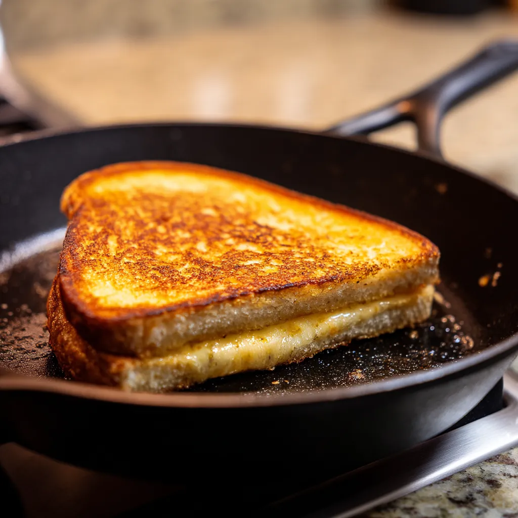 A grilled cheese sandwich in a black skillet.