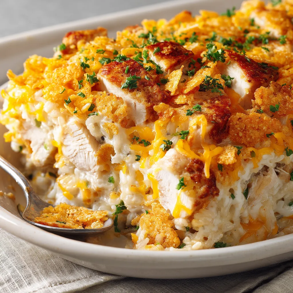 A plate of chicken and rice casserole.