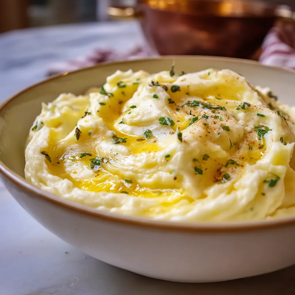 A bowl of garlic butter mashed potatoes.