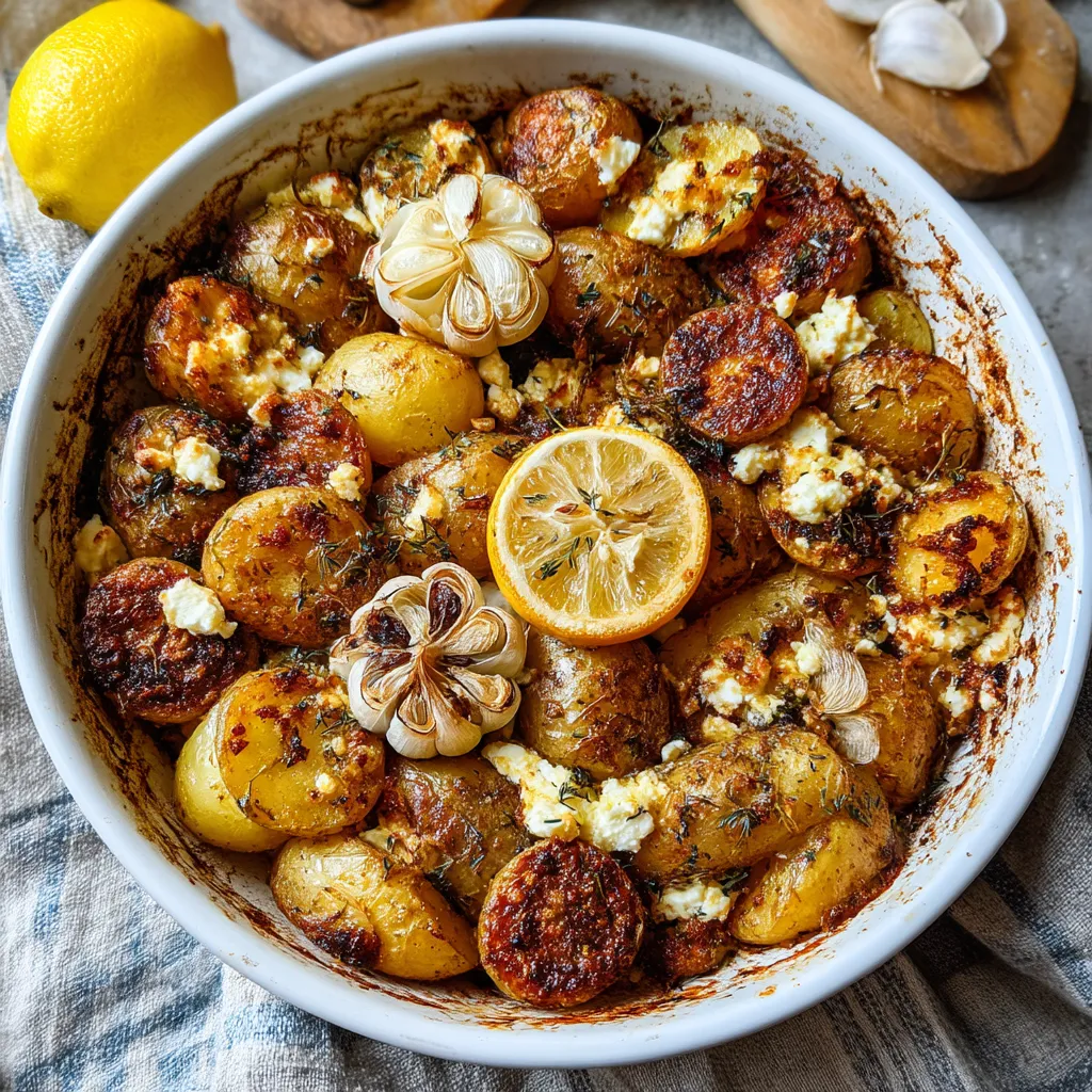 A white bowl filled with baked potatoes and feta cheese.