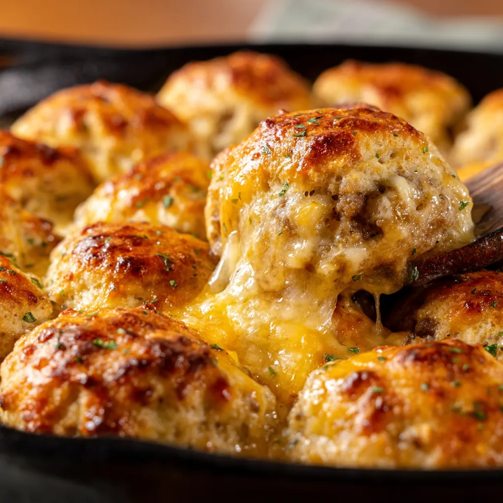 A pan of sausage cheese biscuits.