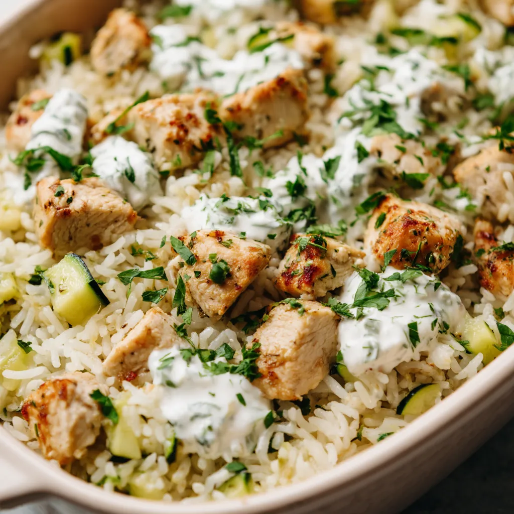 A dish of rice with chicken and sauce.