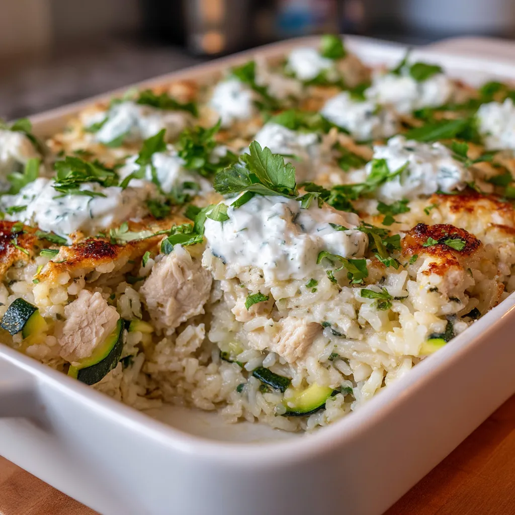 A dish of rice and chicken with a white sauce.