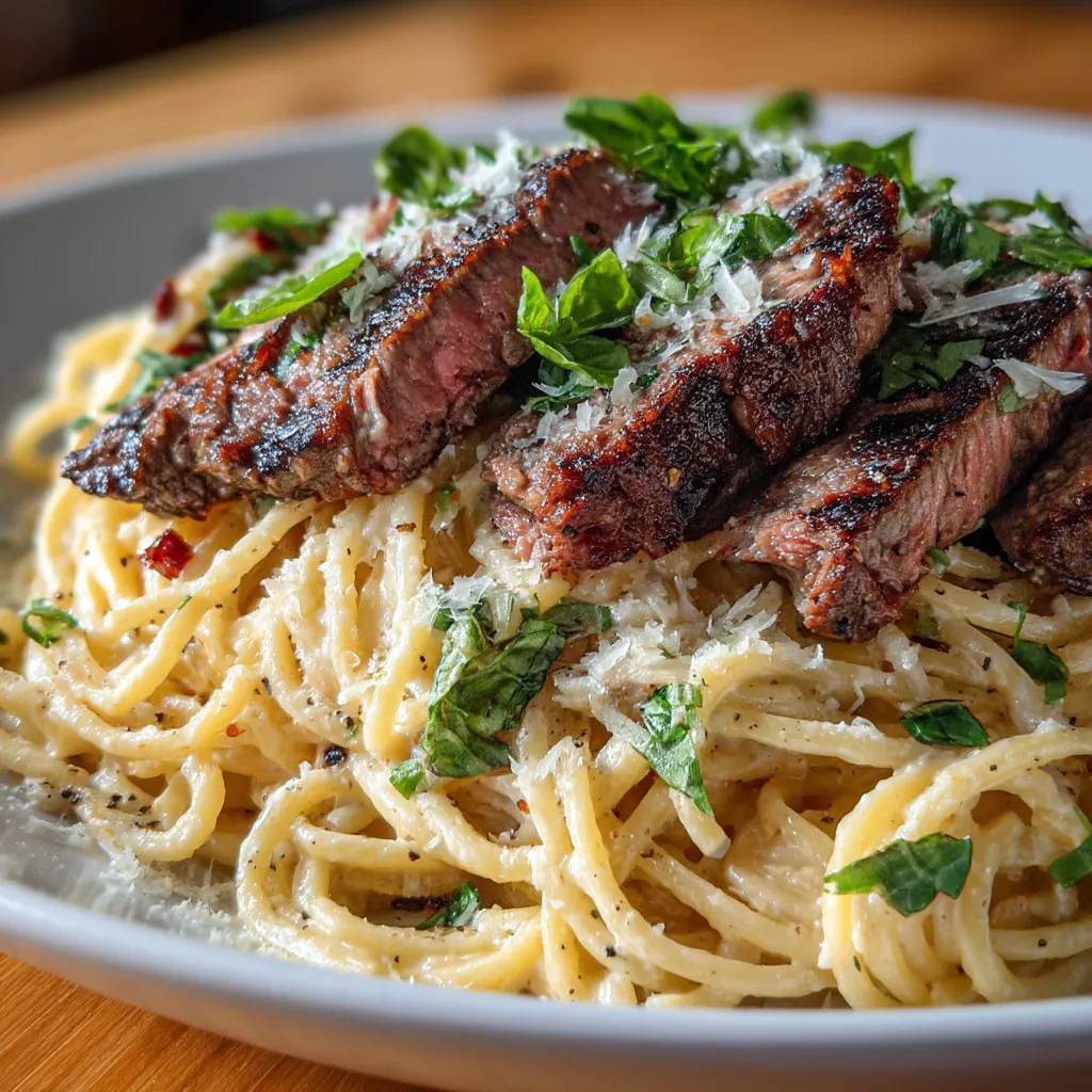A plate of steak and creamy garlic Parmesan pasta.