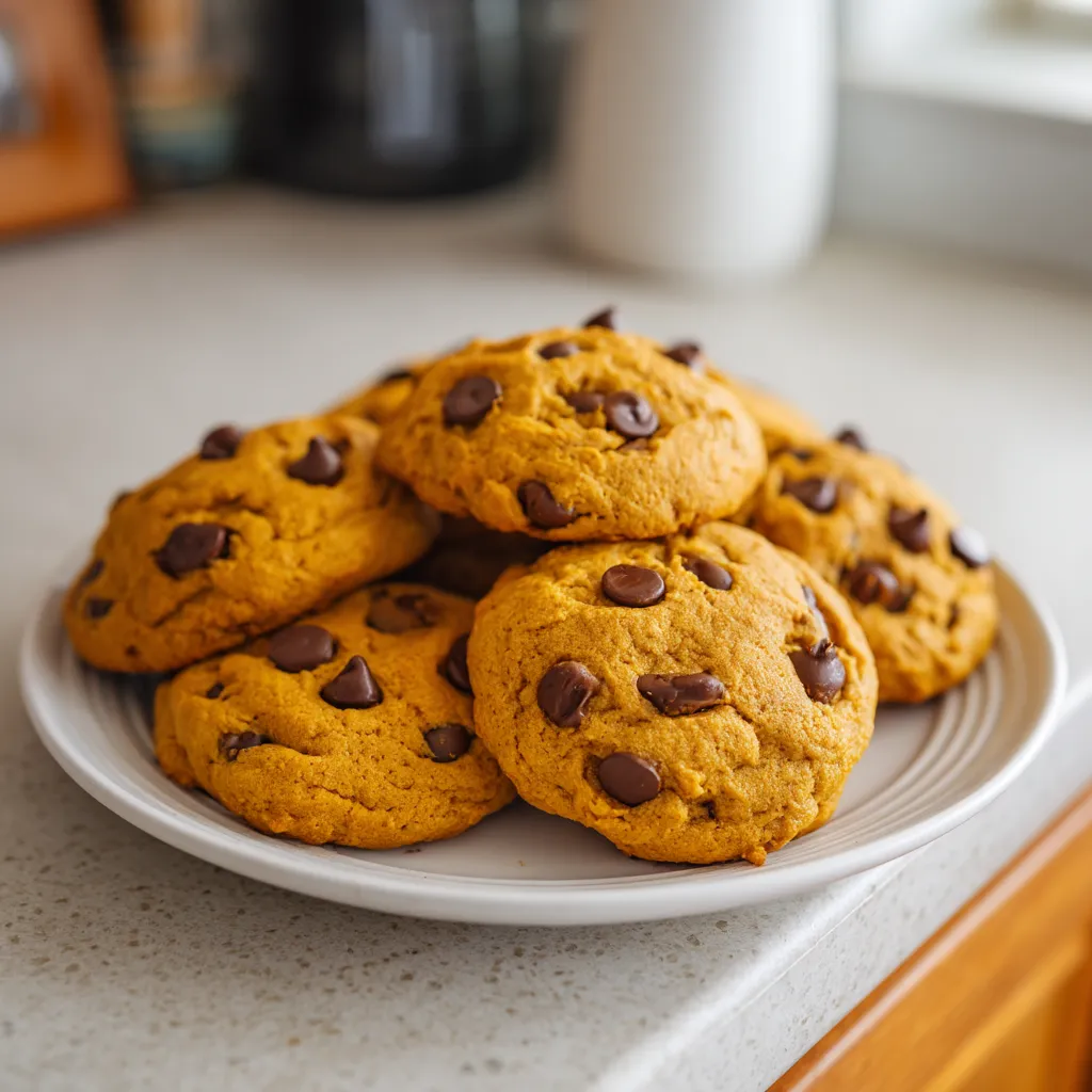 A plate of pumpkin chocolate chip cookies.