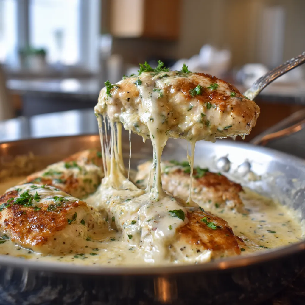 A pan of creamy Asiago chicken.