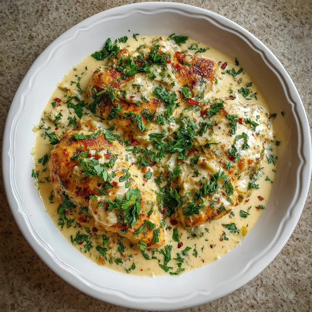 A bowl of creamy Asiago chicken.