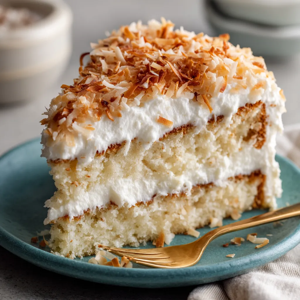 A slice of coconut cloud cake on a plate.