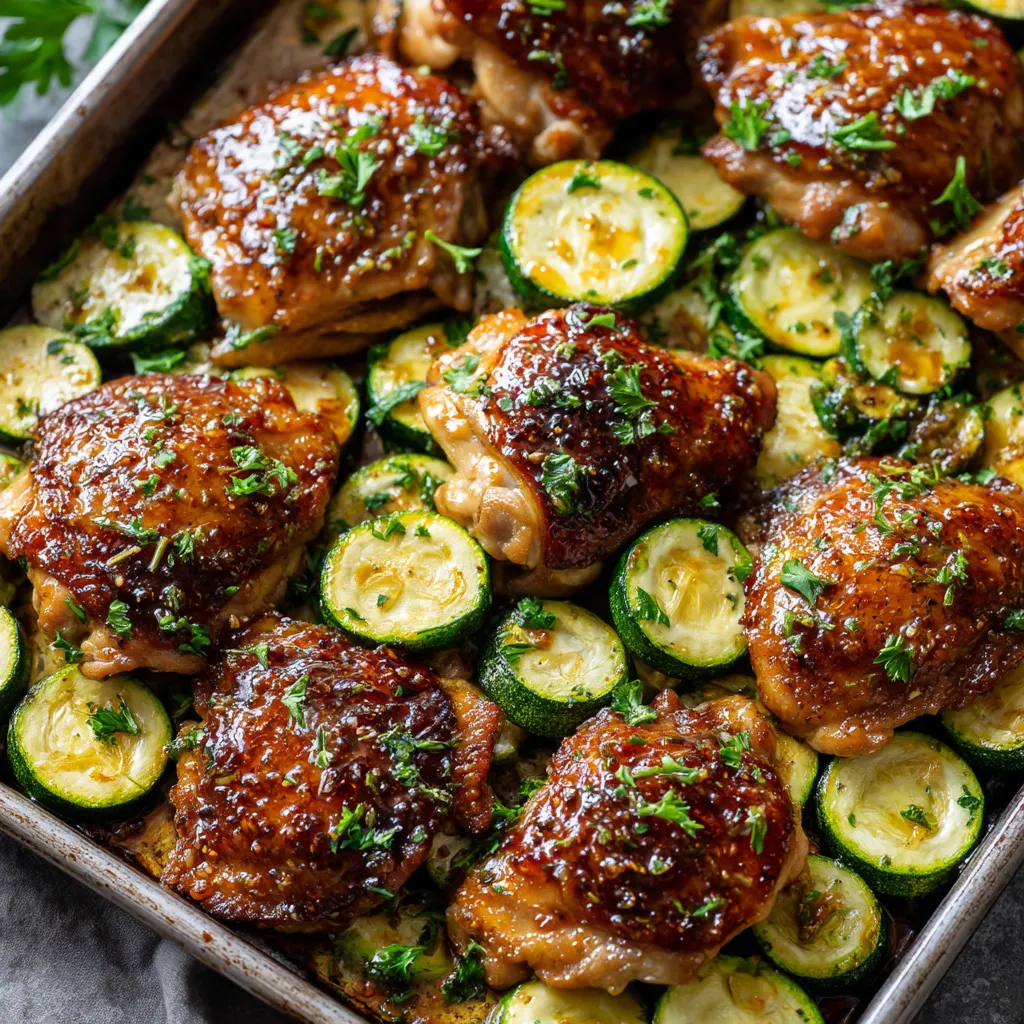 A pan of chicken and zucchini with a honey glaze.