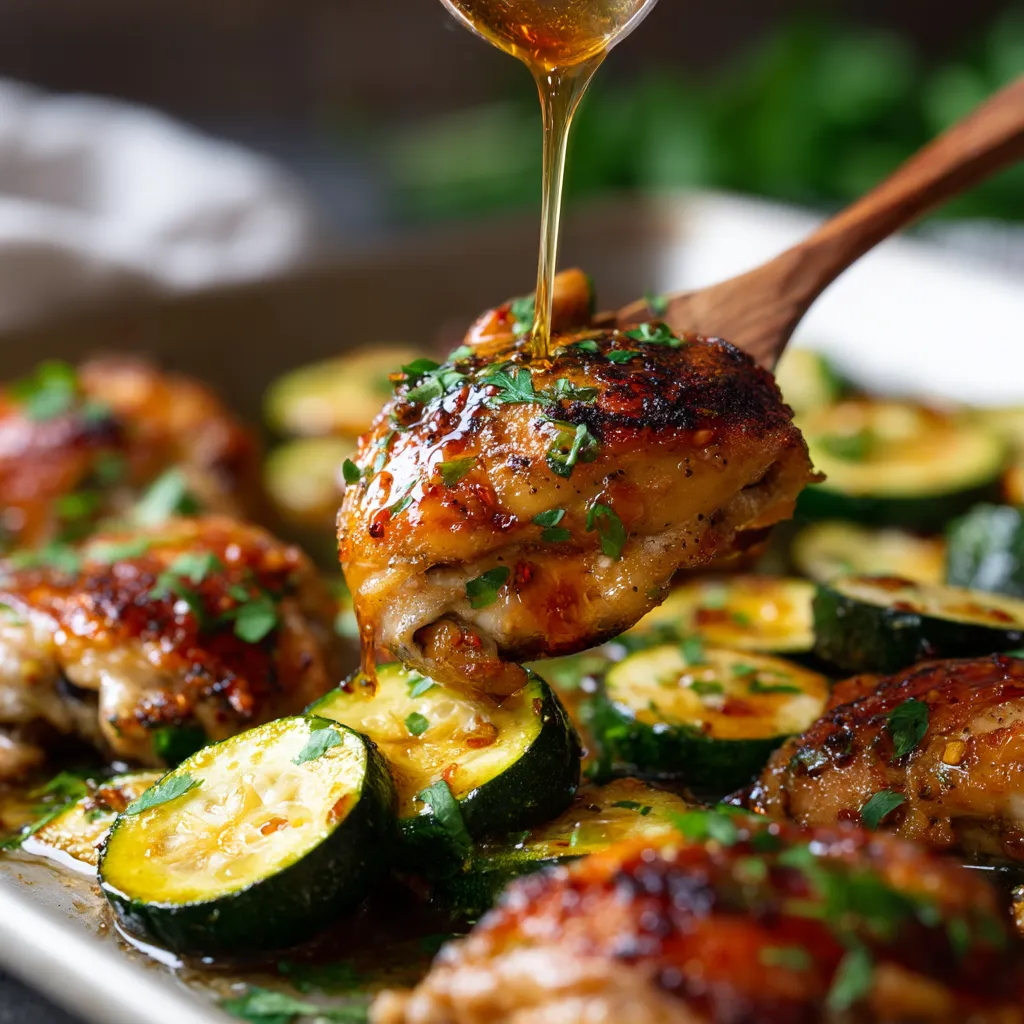 A pan of chicken and zucchini with honey drizzled over it.