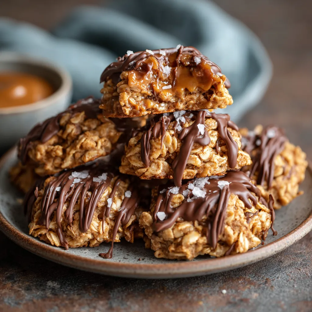 A plate of peanut butter chocolate caramel cookies.