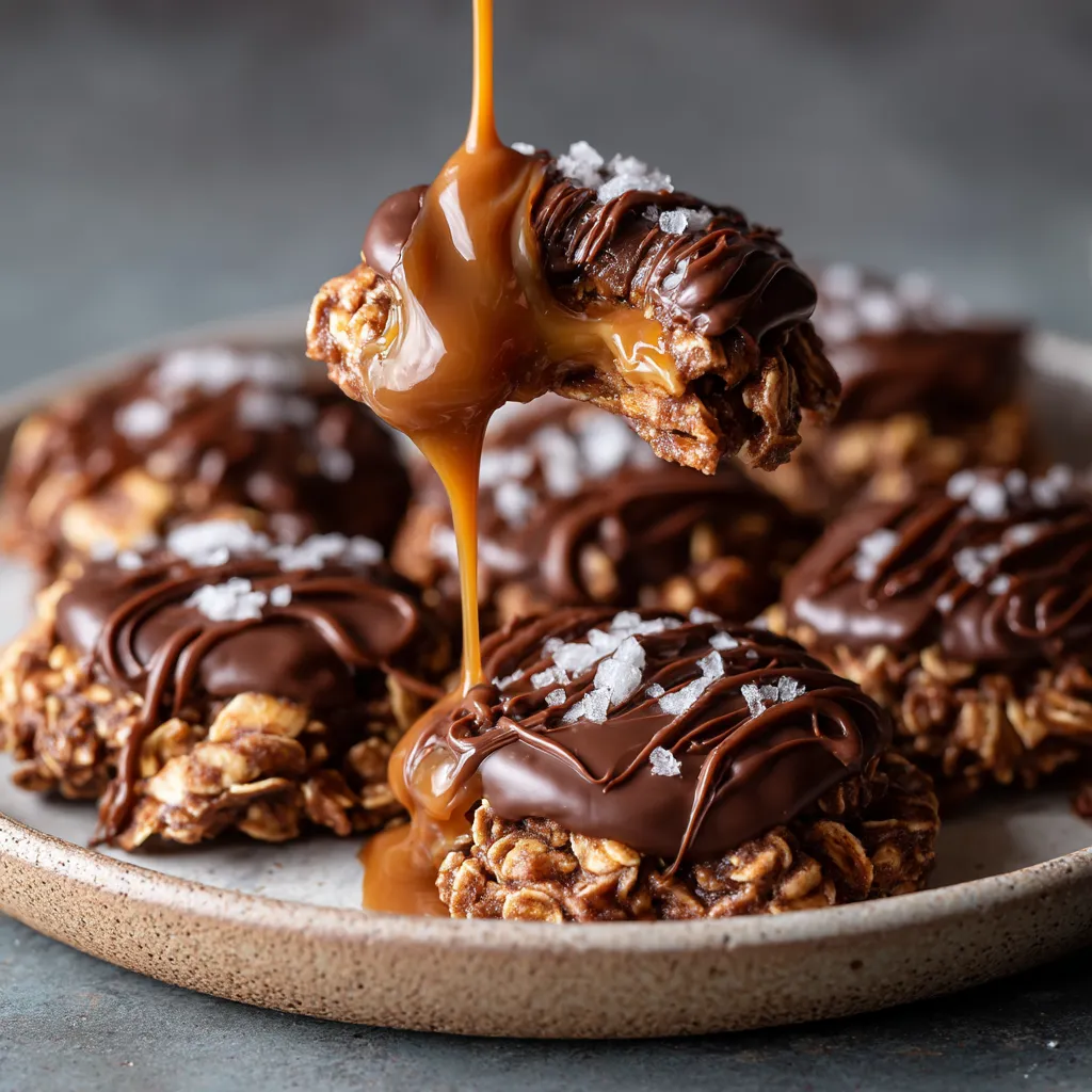 A plate of peanut butter chocolate caramel cookies.
