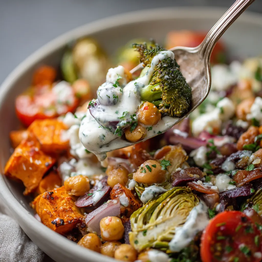 A spoon is being used to scoop up a vegetable salad.