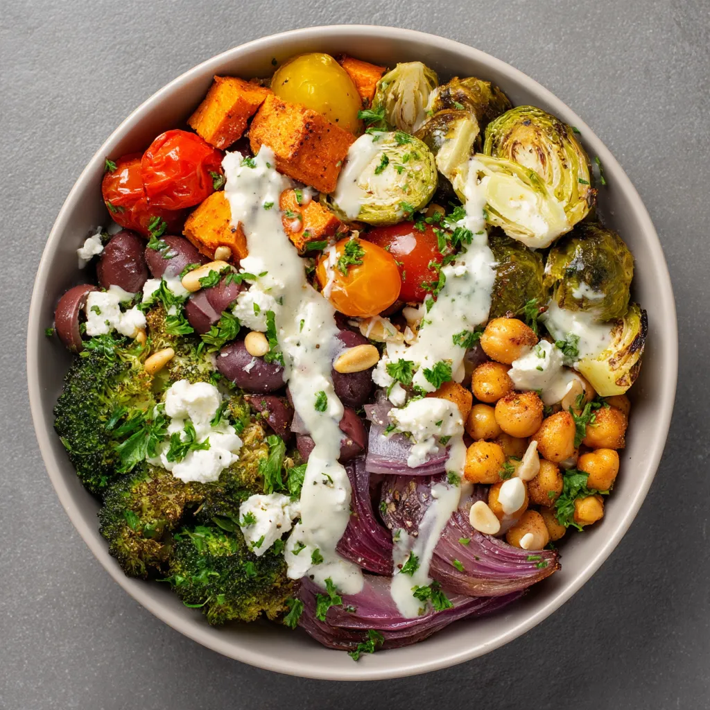 A bowl of vegetables including broccoli, carrots, and tomatoes.