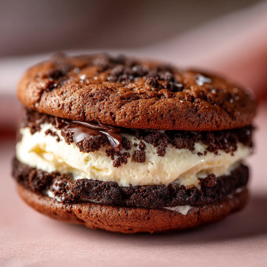 A chocolate and vanilla cookie sandwich.