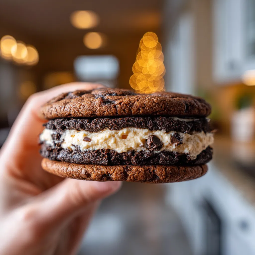 A person is holding a brownie cookie dough sandwich cookie.