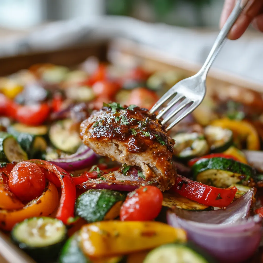 A fork is being used to pick up a piece of chicken from a plate of balsamic glazed chicken and vegetables.