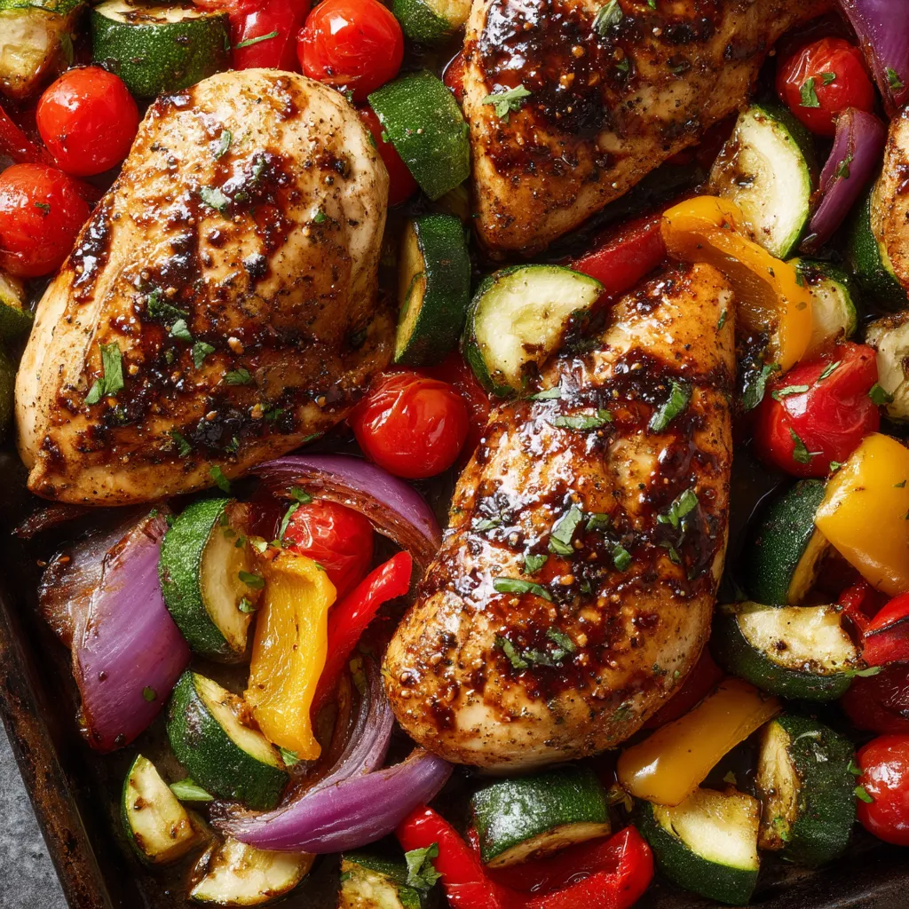 A pan of balsamic glazed chicken and vegetables.