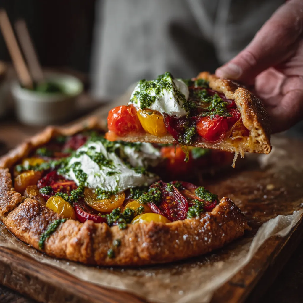 A slice of a pizza with tomatoes and basil.