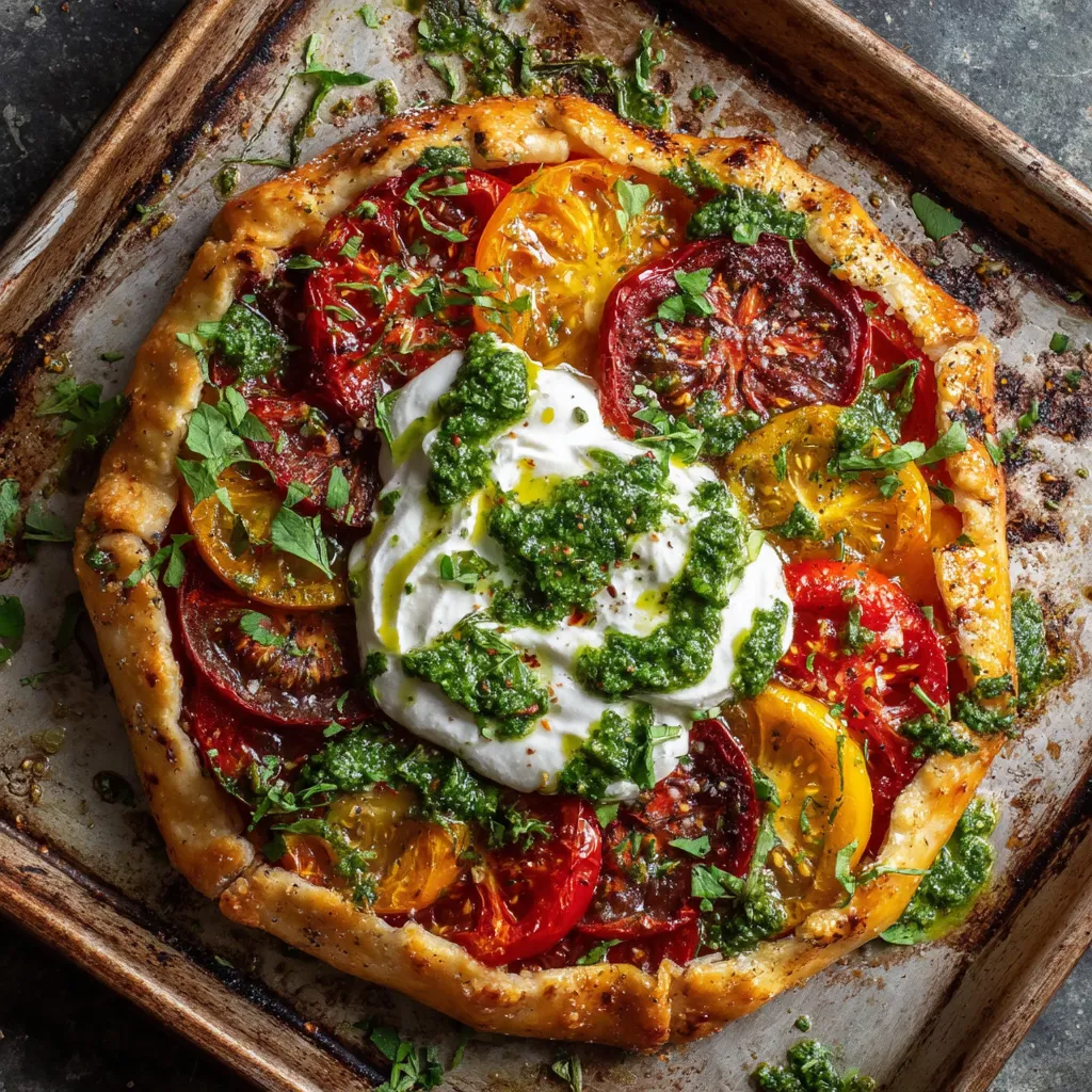 A galette with tomatoes and basil pesto.