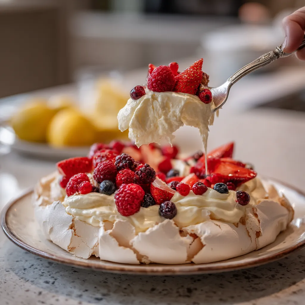 A plate of mixed berry pavlova with lemon curd cream.